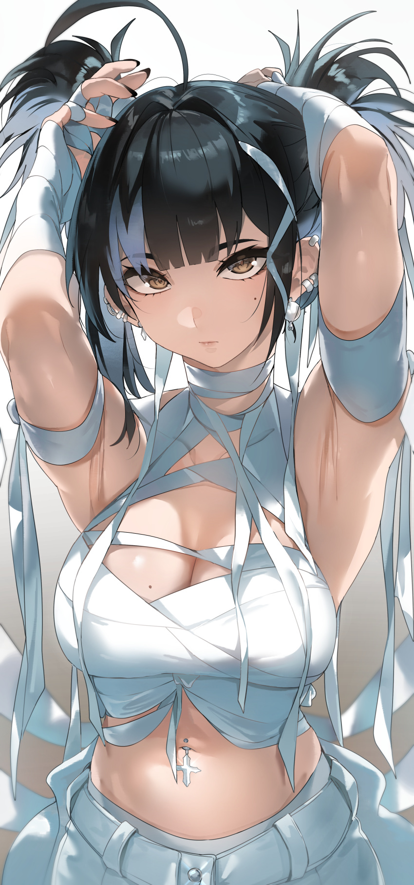 1girl absurdres ahoge armpits arms_up bandages black_hair black_nails breasts brown_eyes cleavage cross_piercing grey_hair highres irene_(kanniiepan) kanniiepan large_breasts looking_at_viewer medium_hair mole mole_on_breast mole_under_eye multicolored_hair nail navel_piercing original pants piercing simple_background solo twintails two-tone_hair white_background white_pants