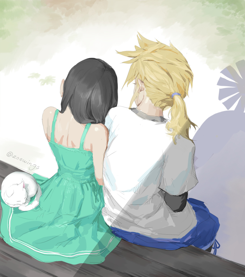 1boy 1girl aged_down animal aqua_dress bare_shoulders black_hair black_undershirt blonde_hair blue_shorts cat cloud_strife commentary couple dress english_commentary final_fantasy final_fantasy_vii final_fantasy_vii_remake from_above from_behind head_on_another's_shoulder highres long_hair looking_at_another low_ponytail maru_(ff7) outdoors shadow shirt shorts sitting sleeping sleeveless sleeveless_dress spiked_hair sundress sunlight tifa_lockhart twitter_username water_tank water_tower white_cat white_shirt zoewingsz