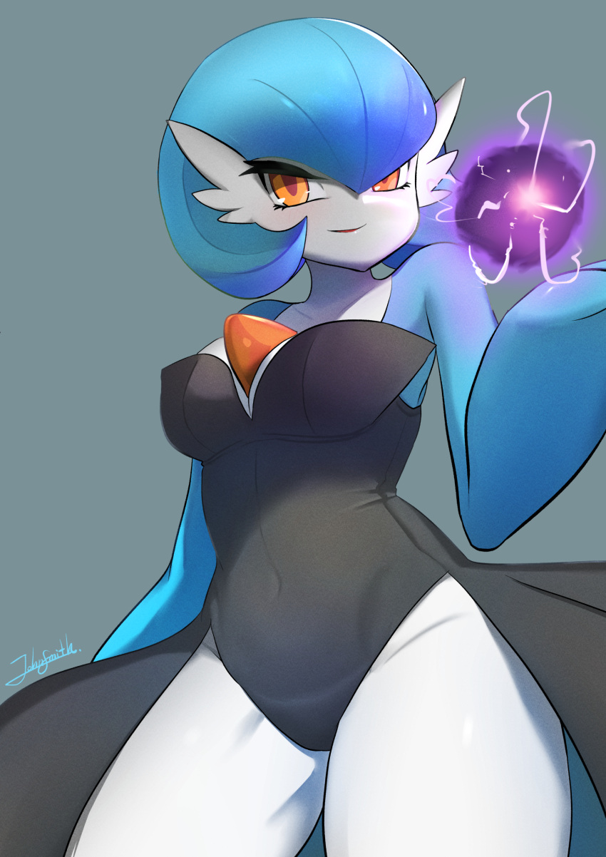 1girl alternate_color black_hole black_leotard blue_hair blue_skin blush bob_cut breasts closed_mouth colored_skin covered_navel gardevoir hair_over_one_eye highres john_(a2556349) leotard looking_at_viewer medium_breasts mega_gardevoir mega_pokemon multicolored_skin pokemon pokemon_(creature) pokemon_(game) red_eyes shiny_pokemon short_hair simple_background smile solo standing two-tone_skin white_skin