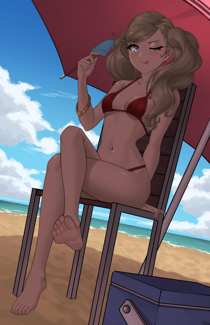 1girl ;p absurdres barefoot beach beach_umbrella bikini blonde_hair blue_eyes blue_sky breasts cloud cooler day dorsiflexion earrings feet food full_body hair_ornament hairclip hand_up highres holding holding_food holding_popsicle jewelry legs looking_at_viewer medium_breasts navel ocean one_eye_closed outdoors pearl_earrings persona persona_5 popsicle red_bikini sitting sky soles solo stomach swimsuit takamaki_anne toenails toes tongue tongue_out twintails umbrella wavy_hair x_xith_x