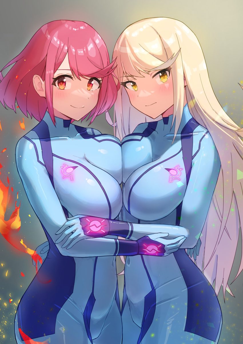 2girls absurdres blonde_hair blue_bodysuit blush bodysuit breast_press breasts closed_mouth cosplay covered_navel cowboy_shot hand_on_another's_arm highres large_breasts long_hair metroid multiple_girls mythra_(xenoblade) oruru63100814 pyra_(xenoblade) red_eyes red_hair samus_aran samus_aran_(cosplay) short_hair skin_tight smile symmetrical_docking xenoblade_chronicles_(series) xenoblade_chronicles_2 yellow_eyes zero_suit