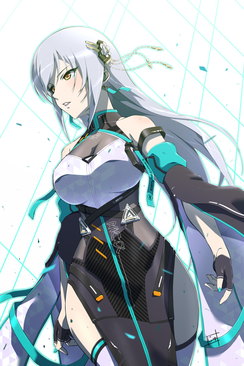 1girl absurdres artist_name bare_shoulders black_armband blue_nails breasts brown_eyes cleavage cowboy_shot earrings fingerless_gloves front_slit gloves grey_hair hair_ornament half_gloves highres idolmaster idolmaster_cinderella_girls idolmaster_cinderella_girls_starlight_stage jewelry large_breasts long_hair long_sleeves looking_at_another pelvic_curtain see-through_cleavage side_slit signature simple_background solo takamine_noa thighhighs two-tone_dress uchimura_p white_background white_thighhighs wide_sleeves