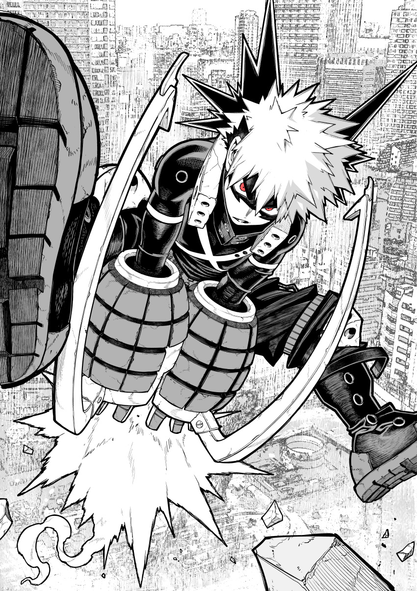 1boy absurdres baggy_pants bakugou_katsuki belt between_legs black_outline boku_no_hero_academia boots building city cityscape combat_boots commentary debris explosion eye_mask flying foreshortening full_body gloves greyscale hand_between_legs hatching_(texture) headgear highres horikoshi_kouhei_(style) kanazawa_shinnosuke knee_boots knee_pads leaning_forward legs_up looking_at_viewer male_focus midair monochrome official_style outdoors outline pants parted_lips red_eyes sanpaku scowl shoe_soles short_hair single_horizontal_stripe skyscraper smoke_trail snap-fit_buckle solo spiked_hair spot_color spread_legs x