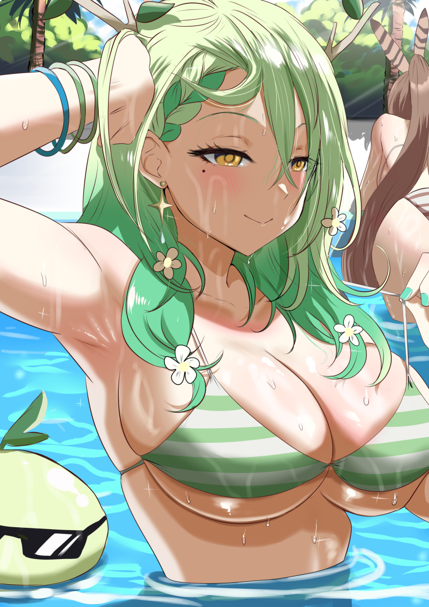 2girls antlers bikini blush bracelet breasts brown_hair ceres_fauna cleavage closed_mouth earrings feather_hair_ornament feathers flower green_hair hair_flower hair_ornament high_ponytail highres hololive hololive_english jewelry long_hair mole mole_under_eye multiple_girls nanashi_mumei partially_submerged pool redi_(rasec_asdjh) sapling_(ceres_fauna) skindentation smile solo_focus strap_pull striped striped_bikini swimsuit virtual_youtuber water wet yellow_eyes