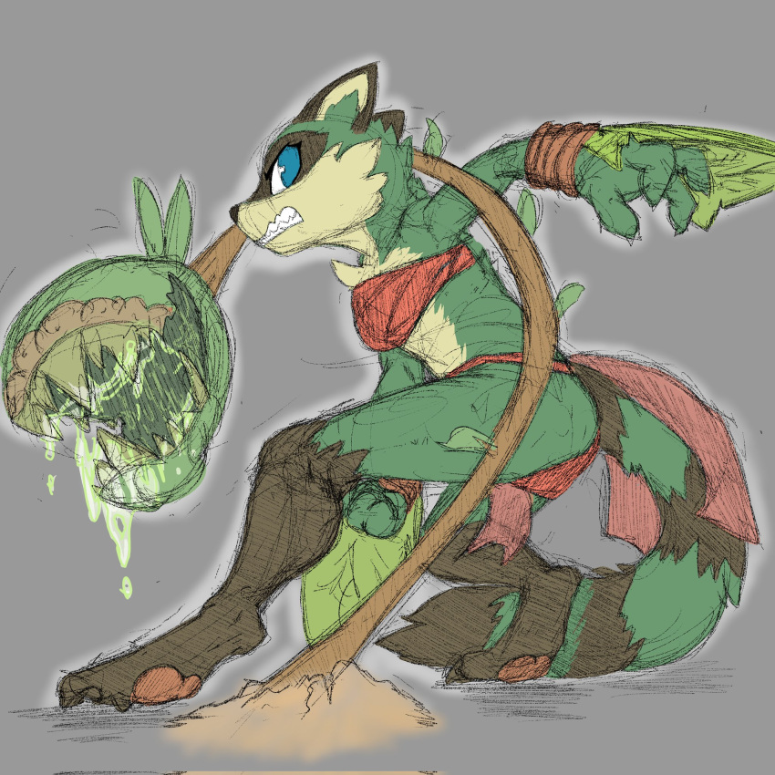 action_pose anthro blue_eyes bodily_fluids chamma_retsuden chest_wraps digitigrade female fur green_body green_fur hi_res leaf leaf_clothing mammal maypul pawpads plant pose procyonid raccoon rivals_of_aether saliva solo solo_focus stem tribal_clothing weapon wraps