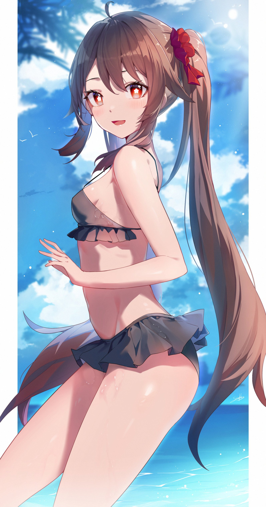 1girl :d absurdres ahoge bare_arms bare_shoulders bikini black_bikini breasts brown_hair commentary genshin_impact groin hair_ornament hair_scrunchie highres hu_tao_(genshin_impact) long_hair looking_at_viewer no_headwear open_mouth red_eyes red_scrunchie scrunchie small_breasts smile snozaki solo standing stomach swimsuit thighs twintails very_long_hair