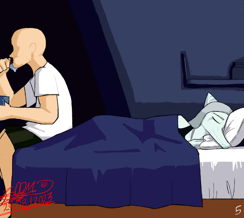 2023 anon_(snoot_game) anthro artist_name bald bed cereal dated detailed_background digital_drawing_(artwork) digital_media_(artwork) dinosaur duo eating eating_food eyes_closed fang_(gvh) female fingers food furniture goodbye_volcano_high grey_body grey_scales hair hi_res human inside light-skinned_male light_body light_skin long_hair lying male mammal on_bed on_side pterodactylus pterosaur reptile scales scalie signature silver_hair sitting sitting_on_bed sleeping smile snoot_game_(fan_game) snout under_covers unknown_artist unknown_artist_signature