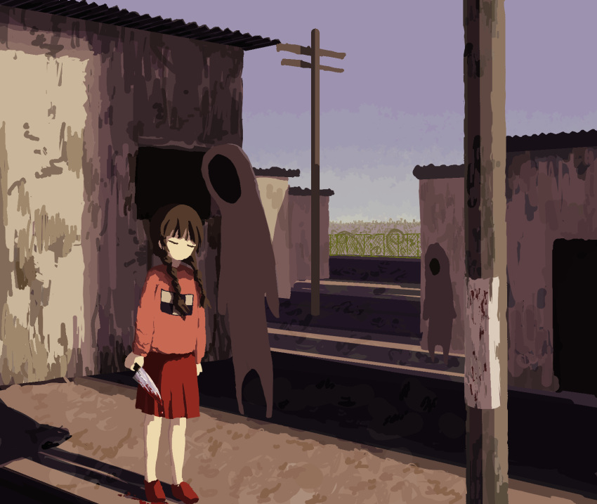1girl 2others arms_at_sides blood blood_on_ground blood_on_knife blue_sky braid brown_hair chain-link_fence clear_sky closed_eyes commentary_request corrugated_galvanised_iron_sheet dirt dripping expressionless facing_viewer fence hair_over_shoulder highres holding holding_knife kitchen_knife knife kurage_(kurageneric) long_hair madotsuki multiple_others no_mouth outdoors pink_sweater pirori_(yume_nikki) plant pleated_skirt print_sweater red_skirt scenery shack shadow shoes skirt sky standing sweater twin_braids utility_pole village yume_nikki