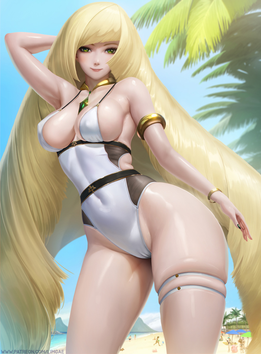 1girl arm_up armlet blonde_hair breasts breasts_apart day green_eyes highres large_breasts limgae long_hair looking_at_viewer lusamine_(pokemon) one-piece_swimsuit outdoors pokemon pokemon_(game) pokemon_sm smile solo swimsuit thigh_strap very_long_hair