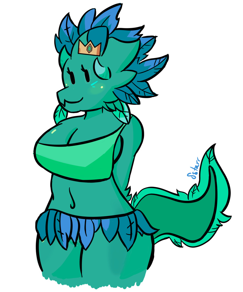 absurd_res anthro big_breasts blush blush_lines breasts clothed clothing crown female glistening glistening_body green_body green_clothing green_scales green_topwear headgear hi_res horn kobold kobold_princess leaf_skirt looking_at_viewer navel princess_and_conquest scales short_stack simple_background skimpy smile smiling_at_viewer solo solo_focus sstarr tail thick_thighs topwear usnug white_background