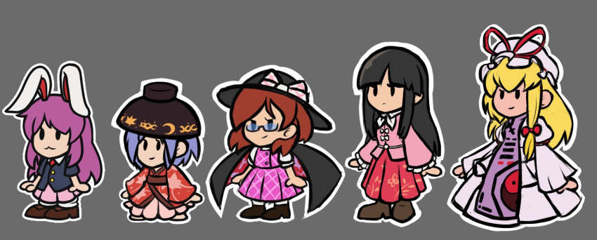 5girls animal_ears black_cape black_footwear black_hair black_headwear black_jacket blazer blonde_hair bow bowl bowl_hat brown_footwear brown_hair cape closed_mouth commentary dress emby_otakon english_commentary full_body glasses grey_background hair_bow hat hat_bow hat_ribbon highres hime_cut houraisan_kaguya jacket japanese_clothes juliet_sleeves kimono long_hair long_sleeves mario_(series) mob_cap multiple_girls outline paper_mario parody pink_shirt pink_skirt plaid plaid_skirt plaid_vest puffy_sleeves purple_hair purple_skirt purple_vest rabbit_ears rabbit_girl red_kimono red_ribbon red_skirt reisen_udongein_inaba ribbon semi-rimless_eyewear shirt short_hair sidelocks simple_background skirt smile solid_oval_eyes style_parody sukuna_shinmyoumaru tabard touhou under-rim_eyewear usami_sumireko vest white_dress white_headwear white_outline yakumo_yukari