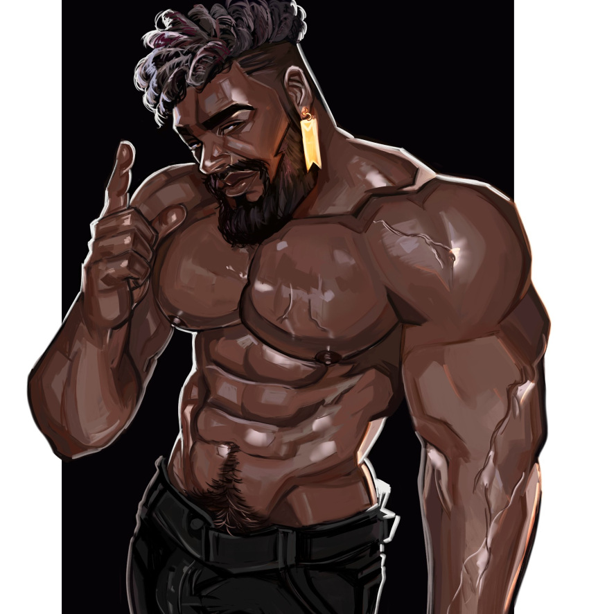 1boy abs alternate_costume bara beard black_hair brown_eyes dark-skinned_male dark_skin denim dreadlocks earrings facial_hair glint highres index_finger_raised jeans jessebrart jewelry k'sante_(league_of_legends) large_pectorals league_of_legends looking_at_viewer male_focus male_pubic_hair mature_male muscular muscular_male navel navel_hair nipples pants pectorals pubic_hair pubic_hair_peek seductive_smile short_hair smile solo stomach strongman_waist thick_eyebrows topless_male veins veiny_arms veiny_pectorals very_dark_skin