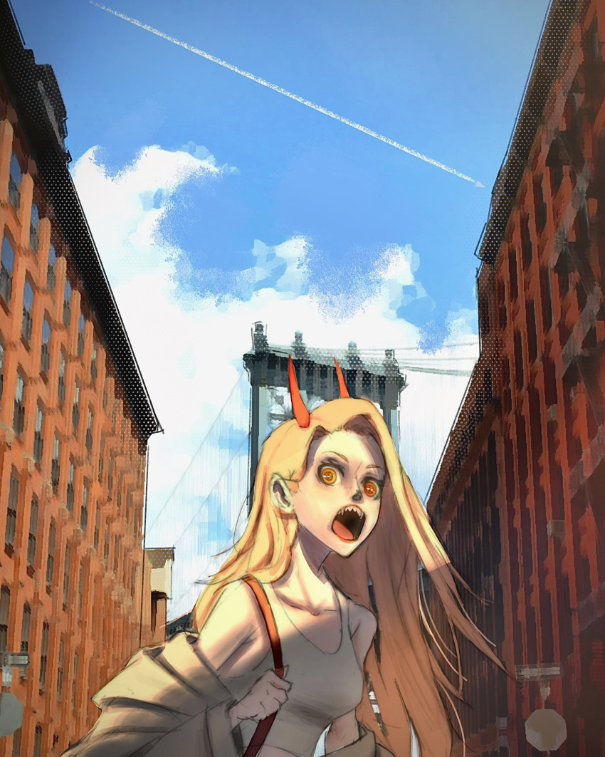 1girl blonde_hair breasts brooklyn_bridge chainsaw_man cloud collarbone contrail english_commentary grey_jacket hair_behind_ear highres horns jacket long_hair looking_at_viewer medium_breasts new_york off_shoulder open_mouth orange_eyes power_(chainsaw_man) procreate_(medium) shanesupro sharp_teeth sky solo tank_top teeth white_tank_top