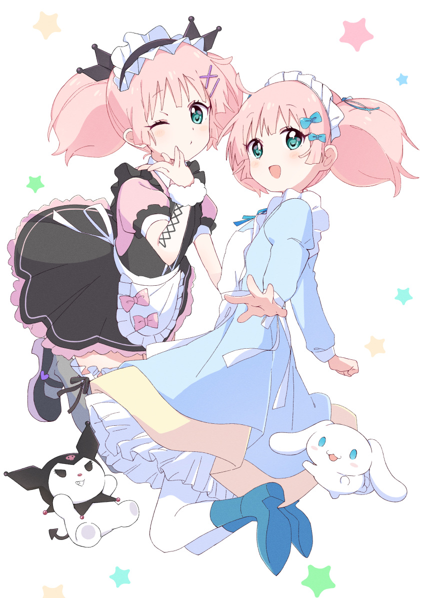 2girls absurdres black_dress blue_dress cinnamoroll double_bun dress dual_persona hair_bobbles hair_bun hair_ornament highres kuromi maid_headdress mesushio multiple_girls onegai_my_melody pink_hair sanrio smile yoshikawa_chinatsu yuru_yuri