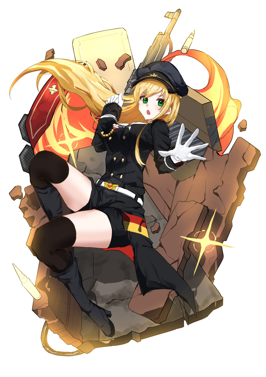 1girl absurdres assault_rifle black_footwear black_headwear black_jacket black_shorts blonde_hair boots breasts bullet commentary commission fire full_body german_flag girls'_frontline gloves green_eyes gun hand_up hat high_heel_boots high_heels highres jacket long_hair long_sleeves maya_fa medium_breasts name_connection object_namesake open_mouth peaked_cap rifle second-party_source short_shorts shorts simple_background skeb_commission sleeves_past_wrists solo stg44 stg44_(girls'_frontline) thighhighs thighhighs_under_boots very_long_hair weapon white_background white_gloves
