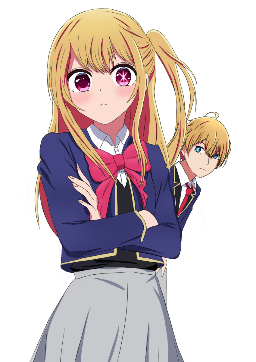 1boy 1girl :&lt; ahoge black_vest blonde_hair blue-rapid blue_eyes blue_jacket blush bow bowtie brother_and_sister can't_be_this_cute closed_mouth collared_shirt commentary_request cowboy_shot cropped_jacket crossed_arms dress_shirt grey_pants grey_skirt hair_between_eyes highres hoshino_aquamarine hoshino_ruby ibispaint_(medium) jacket long_hair looking_at_viewer mismatched_pupils necktie one_side_up open_clothes open_jacket ore_no_imouto_ga_konna_ni_kawaii_wake_ga_nai oshi_no_ko pants peeking_out pink_bow pink_bowtie pink_eyes red_necktie shadow shirt short_hair siblings sidelocks simple_background skirt star-shaped_pupils star_(symbol) symbol-shaped_pupils textless_version twins variant_set vest white_background white_shirt