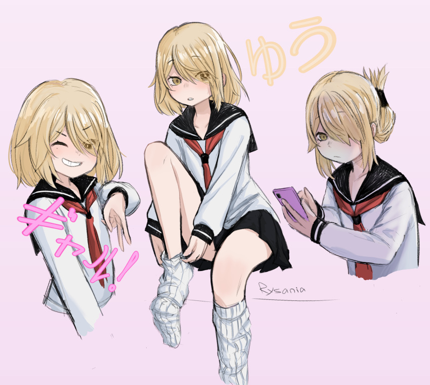 1girl absurdres blonde_hair cellphone character_name foot_up full_body gyaru highres leg_up loose_socks phone reference_sheet rysania sailor sailor_collar school school_uniform short_hair sitting smile socks text_messaging thighhighs yuu(rysania)