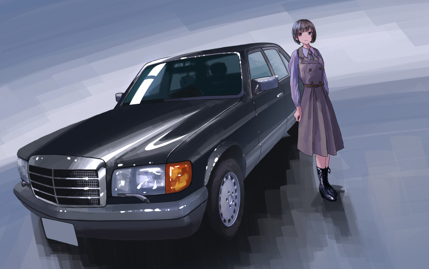 1girl absurdres apollos_ars belt black_footwear blush boots brown_belt brown_eyes brown_hair car collared_shirt dress frown grey_dress grey_shirt hair_behind_ear highres looking_to_the_side mercedes-benz mercedes-benz_w124 motor_vehicle original shadow shirt short_hair solo vehicle_focus