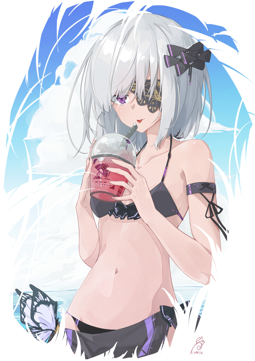 absurdres armlet black_bra black_ribbon bra closed_mouth flat_chest grey_hair hair_over_one_eye hair_ribbon highres medium_hair navel ocean partially_submerged pengsakura print_eyepatch punishing:_gray_raven purple_eyes ribbon swimsuit tongue tongue_out underwear