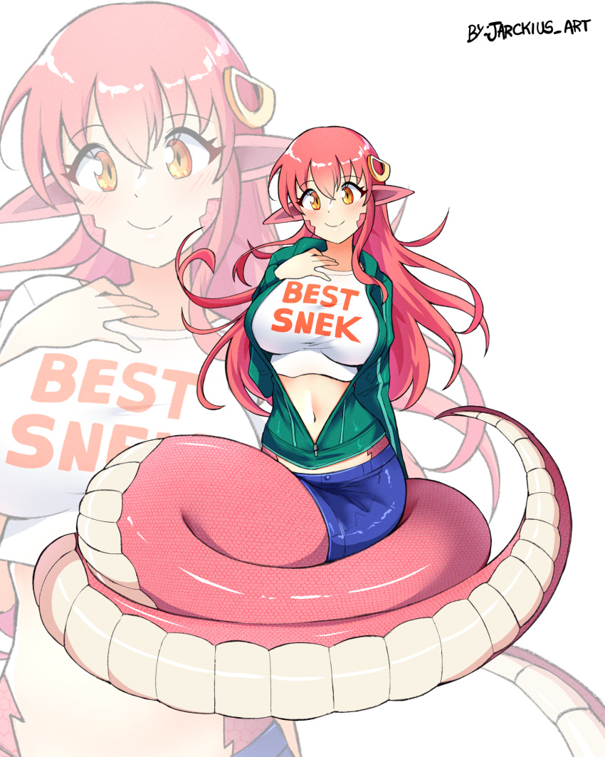 1girl absurdres blue_skirt breasts commentary_request crop_top green_jacket hand_on_own_hip highres jacket jarckius lamia large_breasts long_hair long_sleeves looking_at_viewer midriff miia_(monster_musume) miniskirt monster_girl monster_musume_no_iru_nichijou navel pencil_skirt pink_hair pointy_ears shirt simple_background skirt smile stomach very_long_hair white_background white_shirt yellow_eyes zoom_layer