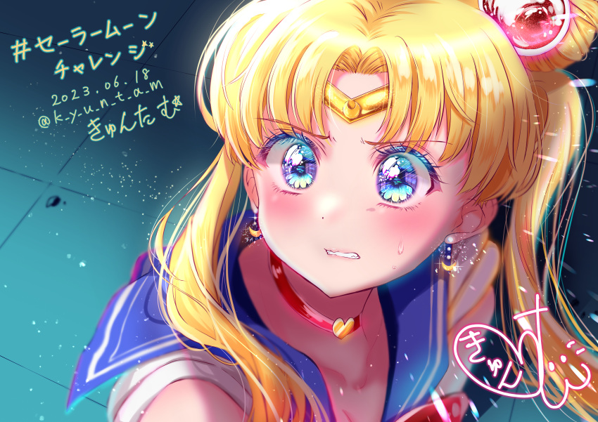 1girl absurdres artist_name bishoujo_senshi_sailor_moon blonde_hair blue_eyes blue_sailor_collar blush bow choker circlet clenched_teeth crescent crescent_earrings earrings hair_bun heart heart_choker highres jewelry k_y_u_n_t_a_m long_hair magical_girl meme parted_bangs red_choker sailor_collar sailor_moon sailor_moon_redraw_challenge_(meme) sailor_senshi_uniform solo sweat teeth tsukino_usagi twintails