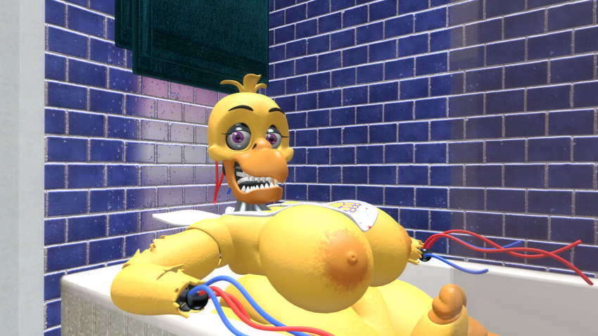 absurd_res anthro avian bathing bathroom bird chicken erection female five_nights_at_freddy's five_nights_at_freddy's_2 galliform gallus_(genus) gynomorph hi_res intersex intersex/female machine phasianid robot scottgames skelefoxdesign withered_chica_(fnaf)