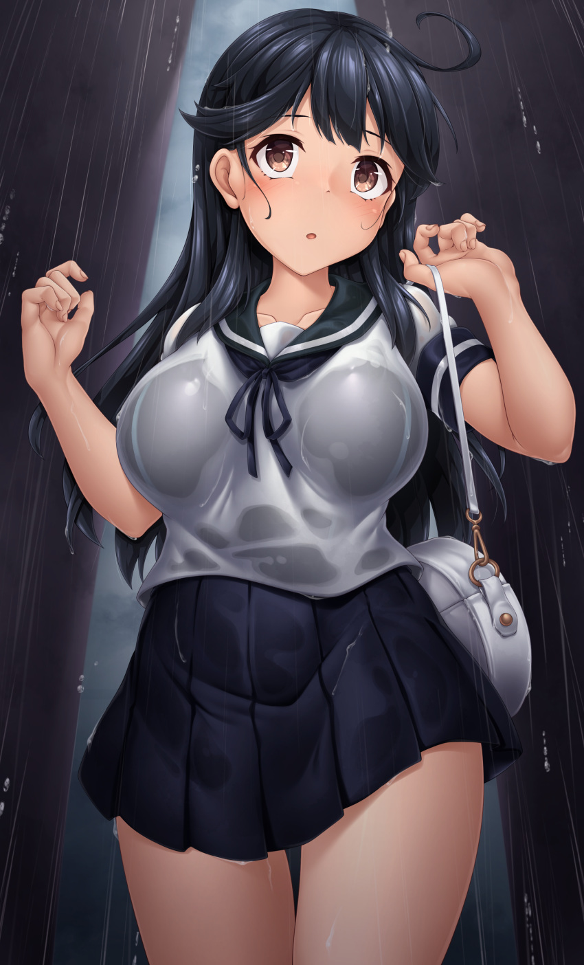 1girl absurdres ahoge bag black_hair black_sailor_collar black_skirt blush brown_eyes collarbone cowboy_shot fingernails highres kantai_collection long_hair open_mouth pleated_skirt rain sailor_collar school_uniform serafuku short_sleeves shoulder_bag skirt solo ushio_(kancolle) utahane wet wet_clothes