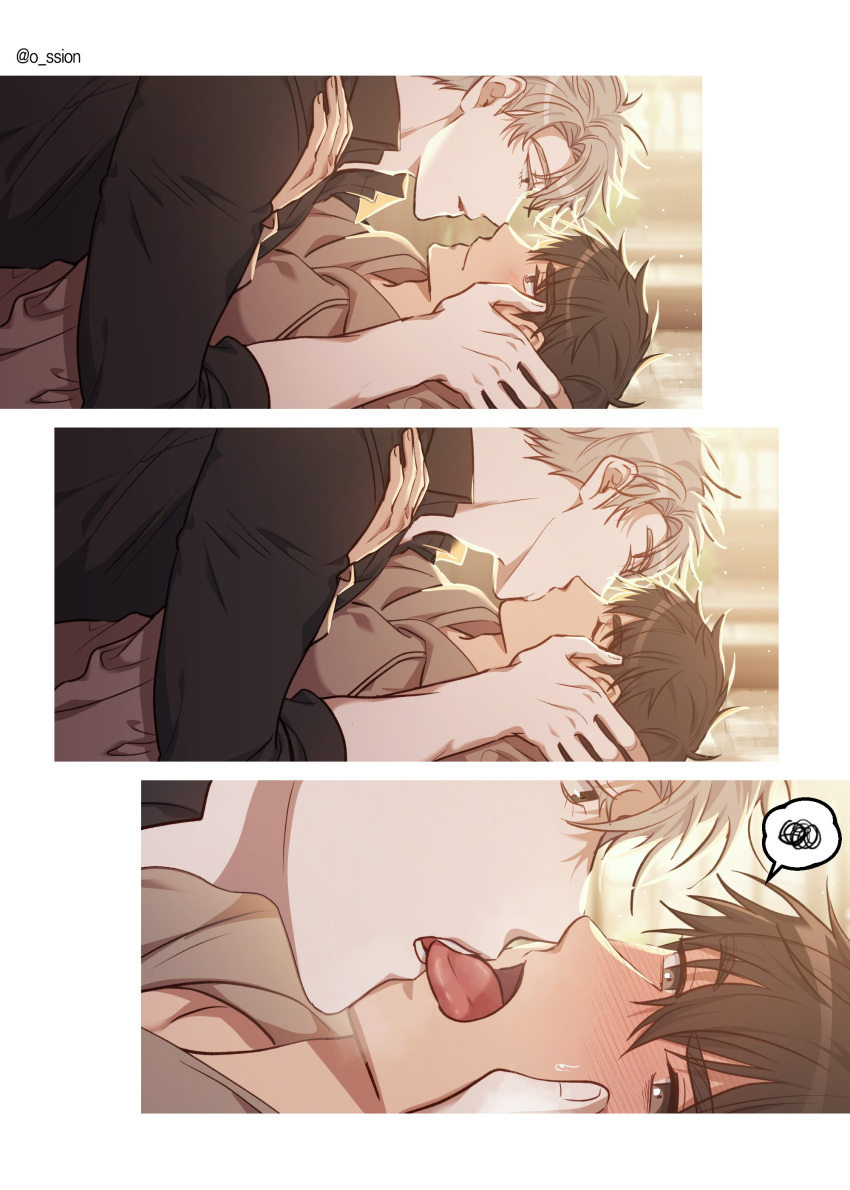 2boys absurdres biting_tongue blush closed_eyes closed_mouth collared_shirt french_kiss hands_on_another's_face highres ilay_riegrow jeong_taeui kiss long_sleeves male_focus multiple_boys o_ssion passion_(manhwa) shirt speech_bubble white_hair yaoi