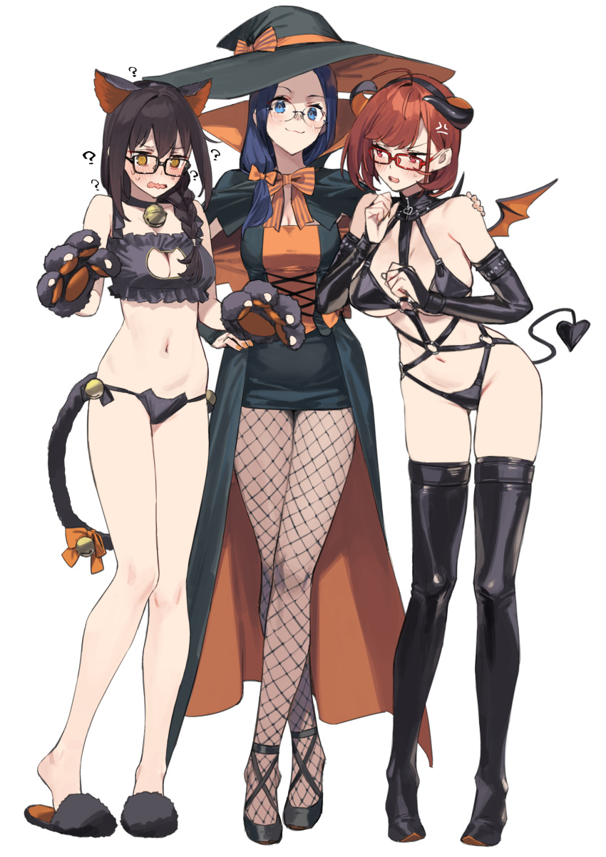 3girls 92m :3 absurdres animal_ears blush bra breasts cat_cutout cat_lingerie cat_tail cleavage_cutout clothing_cutout crossed_legs dateko demon_costume demon_horns demon_tail fake_animal_ears fake_horns fake_tail frilled_bra frills girl_sandwich glasses halloween halloween_costume hat high_heels highres horns kakita_(92m) kinshi_no_ane large_breasts legs meme_attire multiple_girls open_mouth original sandwiched tail underwear watson_cross wavy_mouth witch witch_hat