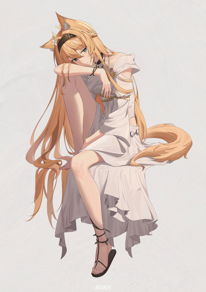 1girl absurdres animal_ear_fluff animal_ears arknights barefoot between_legs black_hairband blue_eyes bracelet closed_mouth commentary_request dress expressionless flower full_body grey_background hair_flower hair_ornament hairband hand_between_legs highres hip_vent horn_(arknights) horn_(to_effloresce_whitely)_(arknights) jewelry knee_up long_hair official_alternate_costume sandals sanmu simple_background single_bare_leg single_sandal sitting solo tail very_long_hair white_dress white_flower wolf_ears wolf_girl wolf_tail