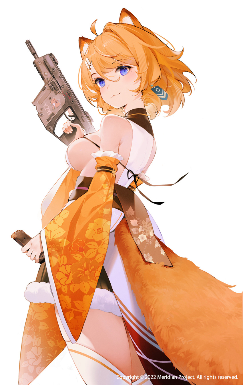 ! !! 1girl ahoge andychen animal_ear_fluff animal_ears blue_eyes breasts closed_mouth detached_sleeves floral_print gun hair_ornament highres holding holding_gun holding_weapon large_breasts long_sleeves looking_at_viewer meridian_project mole mole_under_eye orange_hair short_hair sideboob simple_background solo standing tail thighhighs virtual_youtuber weapon white_background white_thighhighs yuzumi_(meridian_project)
