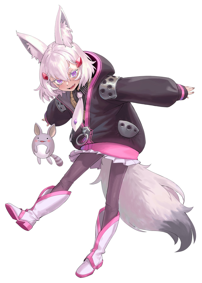 1girl absurdres agemmata animal animal_ear_fluff animal_ears arched_back armor black_hoodie black_shirt bright_pupils dress_shirt fang fox_ears fox_girl fox_tail hair_ornament highres hood hoodie looking_at_viewer medium_hair necktie open_mouth oversized_clothes pants pauldrons phase_connect pleated_skirt purple_eyes purple_pants self-upload shirt shoulder_armor skirt standing standing_on_one_leg striped striped_shirt sweater_vest tail tenma_maemi theo_(tenma_maemi) thick_eyebrows white_background white_footwear white_hair white_necktie white_pupils white_skirt zipper
