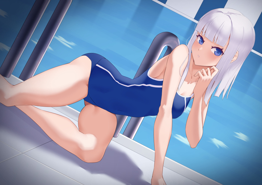 1girl bare_arms bare_legs bare_shoulders blue_eyes blue_one-piece_swimsuit blunt_bangs breasts commentary_request feet_out_of_frame hand_up highres jilu long_hair looking_at_viewer one-piece_swimsuit original parted_lips pool poolside small_breasts solo swimsuit water white_hair