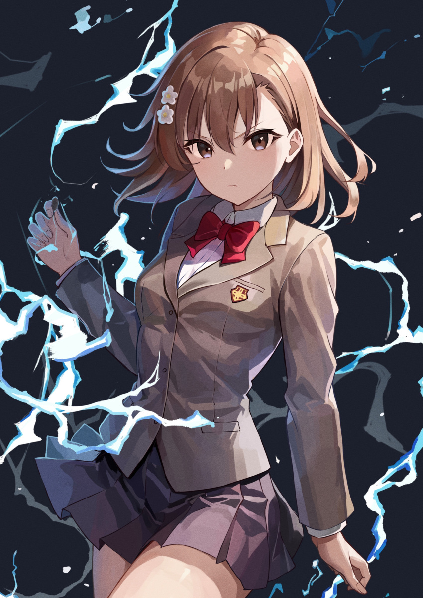 1girl blazer bow bowtie brown_eyes brown_hair coin electricity electrokinesis flower hair_flower hair_ornament highres holding holding_coin jacket komura_hiroto long_hair looking_at_viewer medium_hair misaka_mikoto pleated_skirt railgun school_emblem school_uniform serafuku shirt skirt solo toaru_kagaku_no_railgun toaru_majutsu_no_index tokiwadai_school_uniform uniform