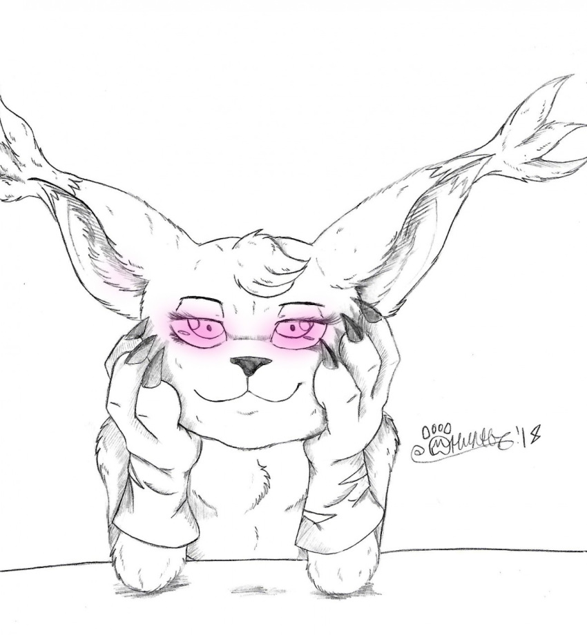 2018 anthro bandai_namco claws digimon digimon_(species) domestic_cat ear_tuft elbow_on_counter felid feline felis female fur gatomon half-closed_eyes hand_on_face hi_res hypnosis hypnotic_eyes looking_at_viewer mammal marcushunter mind_control mouth_closed narrowed_eyes nude signature smile solo tuft