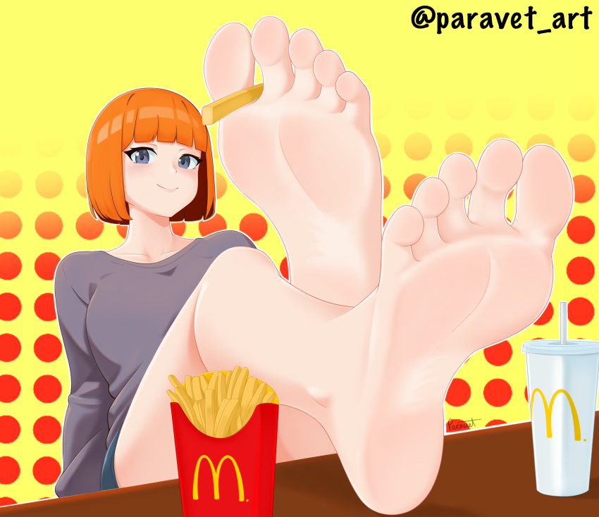 1girl absurdres barefoot between_toes blue_shorts bob_cut breasts closed_mouth collarbone commentary convenient_censoring cup disposable_cup dotted_background english_commentary feet feet_on_table feet_up food foot_focus foreshortening french_fries grey_eyes grey_shirt highres looking_at_viewer mcdonald's medium_breasts mother_(yoru_mac) orange_hair paravet shadow shirt shorts signature sitting smile soles solo twitter_username yellow_background yoru_mac