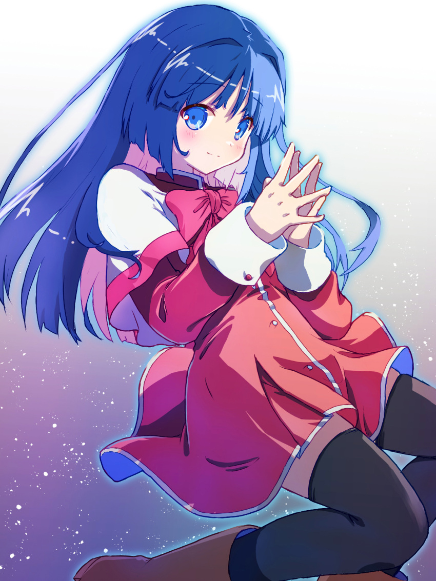 1girl akayama_yukihe black_thighhighs blue_eyes blue_hair blunt_ends blush boots bow brown_footwear capelet closed_mouth commentary dress feet_out_of_frame floating_clothes gradient_background hair_between_eyes hands_up highres kanon light_particles long_hair long_sleeves looking_at_viewer minase_nayuki own_hands_together pink_bow purple_background red_dress school_uniform short_dress simple_background smile solo steepled_fingers straight_hair thighhighs white_background white_capelet zettai_ryouiki