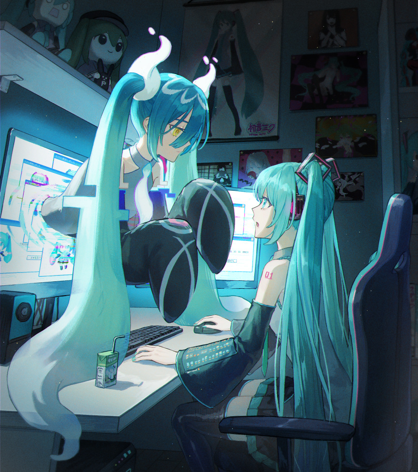 2girls :o absurdres aqua_eyes aqua_hair aqua_nails aqua_necktie aqua_trim arm_tattoo bare_shoulders black_skirt black_sleeves black_thighhighs chair chromatic_aberration closed_mouth commentary computer desk detached_sleeves dual_persona eye_contact film_grain from_side gaming_chair ghost_miku_(project_voltage) glitch glowing_neckwear gradient_hair grey_shirt hachune_miku hair_between_eyes halterneck hatsune_miku headphones highres indoors juice_box keyboard_(computer) light_particles long_hair long_sleeves looking_at_another monitor mouse_(computer) multicolored_hair multiple_girls nashiko_(nanaju_ko) necktie number_tattoo on_chair open_mouth pleated_skirt poster_(object) print_sleeves profile project_voltage romeo_to_cinderella_(vocaloid) senbonzakura_(vocaloid) shelf shirt sitting skirt sleeveless sleeveless_shirt sleeves_past_fingers sleeves_past_wrists speaker stuffed_toy swivel_chair tattoo thighhighs through_screen twintails vocaloid vocaloid_boxart_pose white_necktie wide_sleeves will-o'-the-wisp_(mythology) world_is_mine_(vocaloid) yellow_eyes zettai_ryouiki