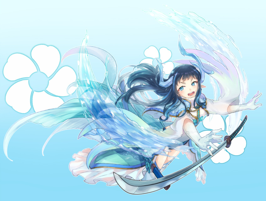 1girl artist_name blue_background blue_capelet blue_eyes blue_hair capelet dragon_horns dragon_tail elbow_gloves floating floating_hair floating_object floating_sword floating_weapon floral_background frills fur_collar gloves highres horns hydrokinesis leotard light_blue_hair long_hair long_sleeves nami'oyogi_kanemitsu onasu_(sawagani) open_mouth outstretched_arms platform_footwear pointy_ears scabbard sheath solo sword tail tenka_hyakken thighhighs v-shaped_eyebrows water weapon wide_sleeves