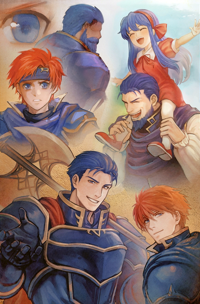 :d armor beard beckoning black_armor blue_hair cape character_request collage dark_blue_hair facial_hair fire_emblem hair_slicked_back highres ina_zuma long_beard long_hair looking_at_viewer mature_male outstretched_hand reaching reaching_towards_viewer red_cape short_hair sideburns sitting_on_shoulder smile thick_eyebrows thick_mustache upper_body