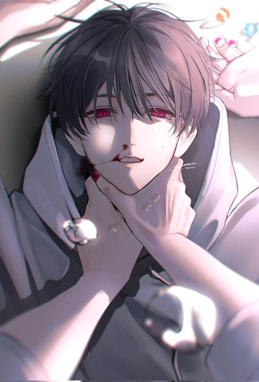 1boy black_hair blood commentary_request crying crying_with_eyes_open dated grey_hoodie highres hood hoodie looking_at_viewer lying male_focus mugi_oyasumi nosebleed on_back original parted_lips pink_eyes pink_nails pov pov_hands short_hair signature solo teardrop tears