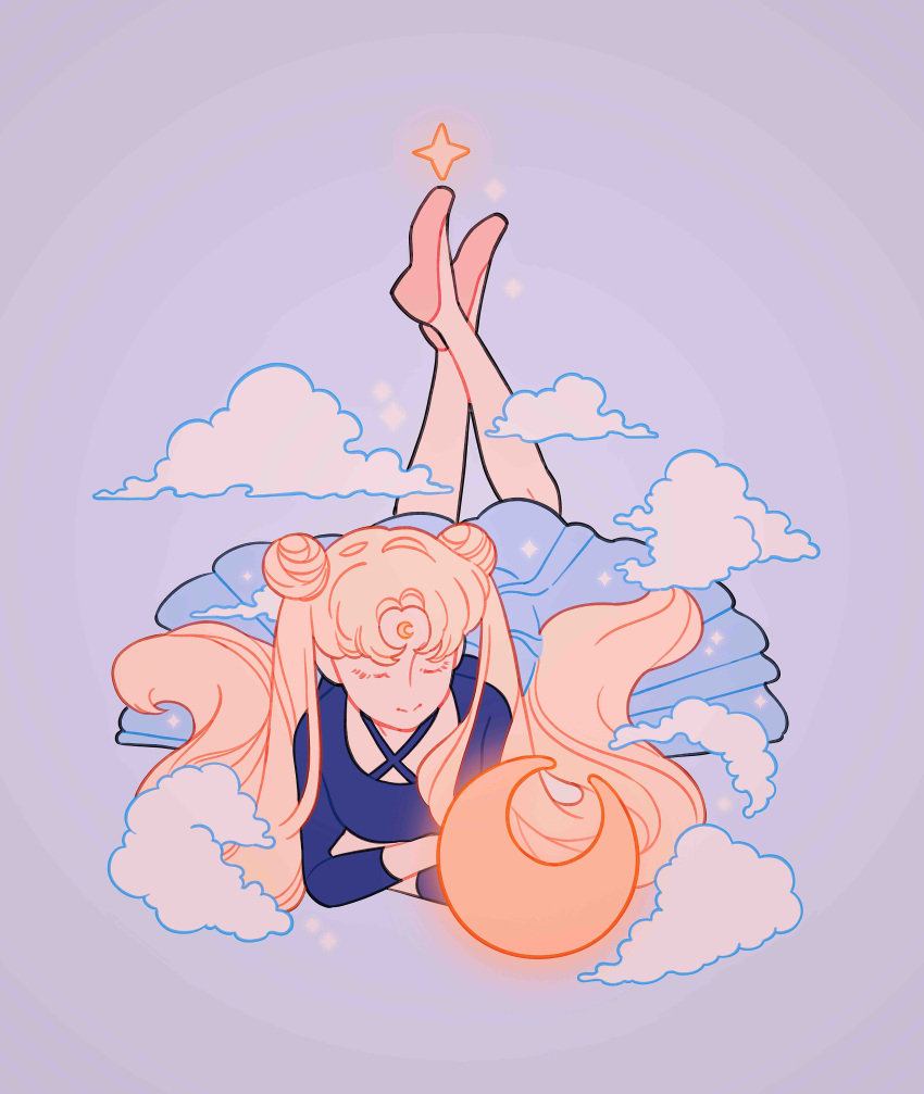 1girl absurdres artist_name bishoujo_senshi_sailor_moon black_shirt blonde_hair blue_skirt closed_eyes cloud crescent crescent_facial_mark crescent_moon double_bun facial_mark full_body glowing hair_bun highres legs_up long_hair long_skirt long_sleeves lying meyoco moon on_stomach pink_footwear purple_background shirt shoes simple_background skirt smile solo tsukino_usagi very_long_hair