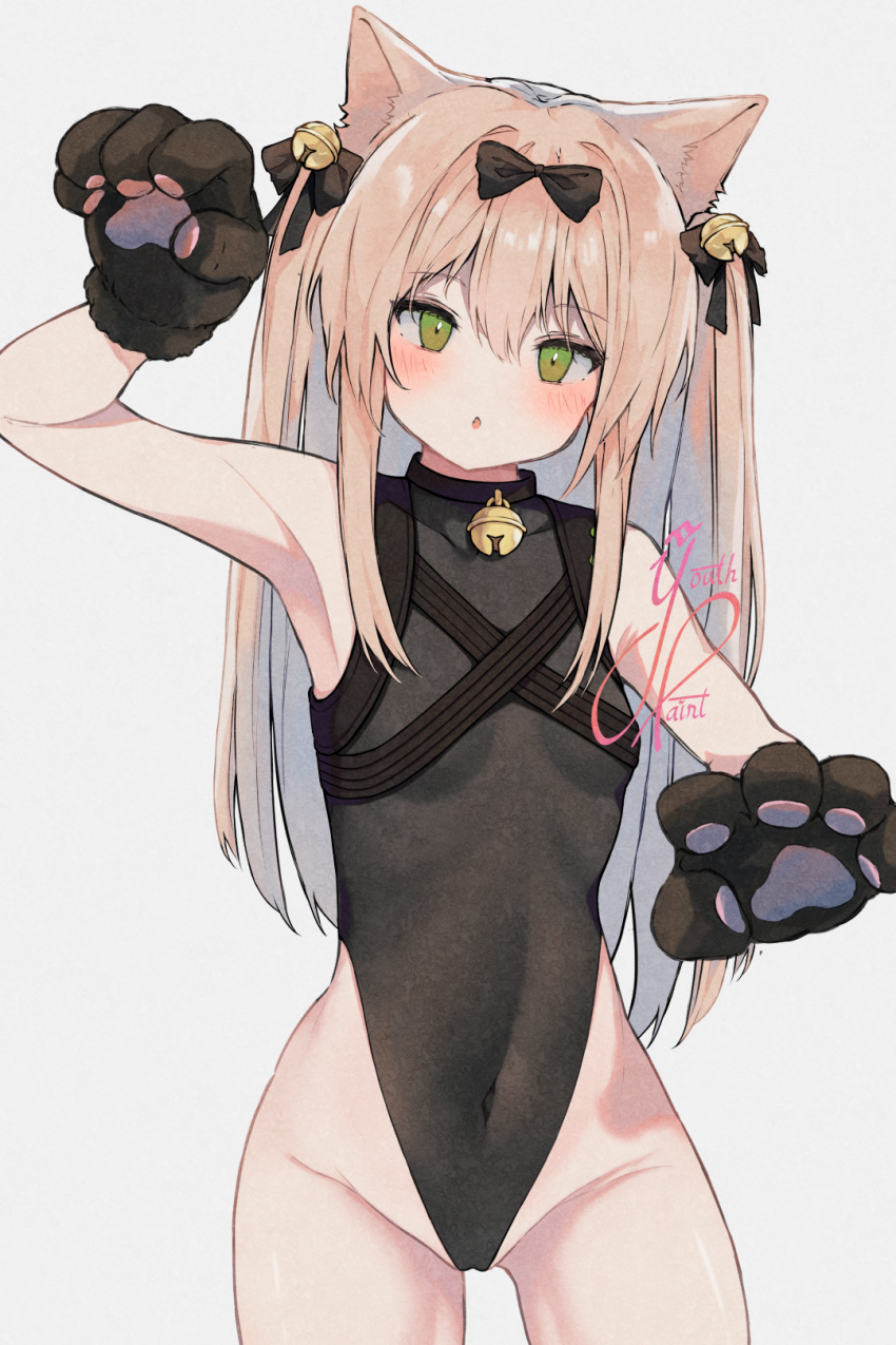 1girl :o animal_ears animal_hands arm_up bare_hips bell black_bow black_collar black_leotard blush bow cat_ears chest_harness collar commentary covered_navel cropped_legs girls'_frontline gloves green_eyes grey_background groin hair_bell hair_between_eyes hair_bow hair_intakes hair_ornament harness head_tilt highleg highleg_leotard highres leotard long_hair looking_at_viewer neck_bell no_pants no_shirt open_mouth paw_gloves paw_pose pink_hair signature simple_background sleeveless_turtleneck_leotard solo thighs tmp_(girls'_frontline) tmp_(meow_prism_power)_(girls'_frontline) two_side_up youthpaint