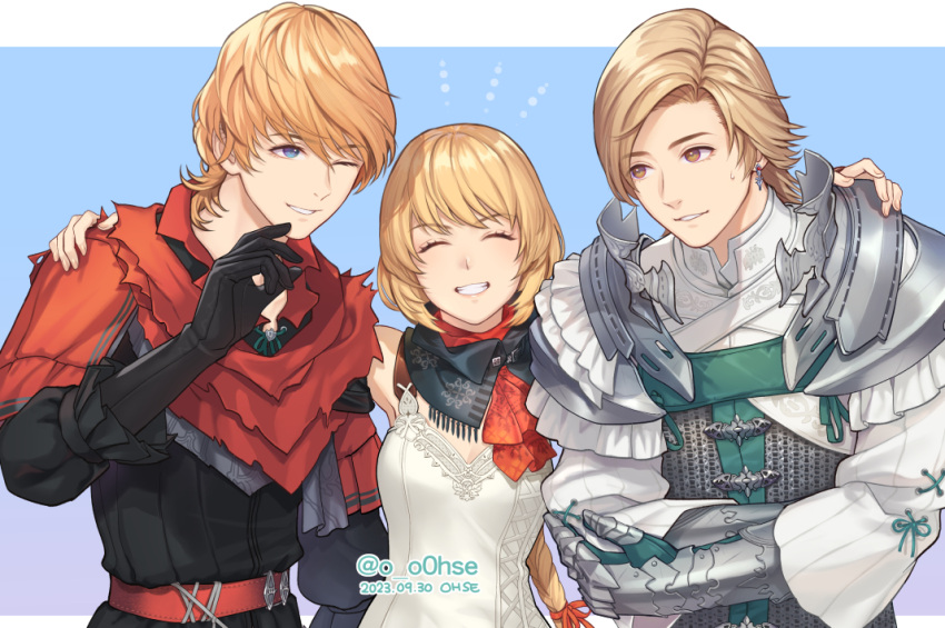 1girl 2boys arm_around_shoulder artist_name black_gloves blonde_hair blue_eyes braid braided_ponytail brown_eyes crossed_arms dion_lesage final_fantasy final_fantasy_xvi gloves joshua_rosfield midadol_telamon multiple_boys ohse red_scarf scarf smile twitter_username upper_body