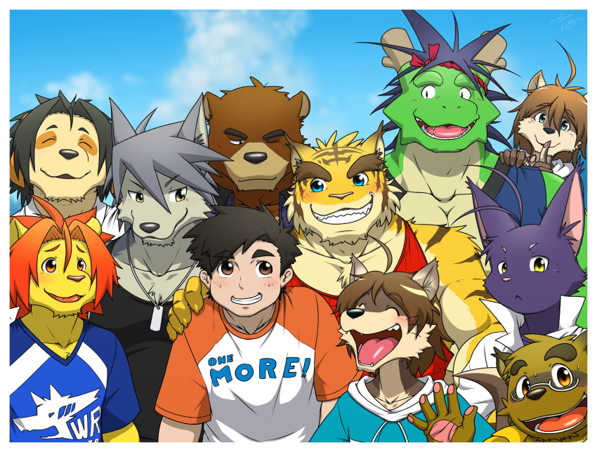 6+boys ^_^ ahoge animal_ears bara bear_boy bear_ears black_hair black_shirt blue_jacket blue_shirt blue_sky blush cat_boy cat_ears closed_eyes cloud cloudy_sky commentary_request dog_boy dog_ears dog_tags dragon_boy dragon_horns finger_to_mouth furry furry_male furry_with_furry furry_with_non-furry glasses grey_hair group_picture hachimaki happi headband highres hiroyuki_nishimura_(morenatsu) horns interspecies jacket japanese_clothes jewelry juuichi_mikazuki kounosuke_kuri kouya_aotsuki kyouji_takahara light_blue_jacket lion_boy lion_ears lion_mane looking_at_another looking_at_viewer morenatsu multiple_boys nanafuse_(morenatsu) necklace nejiri_hachimaki one_eye_closed pawpads raccoon_boy raccoon_ears red_shirt shin_kuroi shirt shun_kodori sky sleeveless sleeveless_shirt soutarou_touno sweatdrop taking_picture tatsuki_midoriya thick_eyebrows tiger_boy tiger_ears torahiko_oshima tsuchi_kemo white_shirt wolf_boy wolf_ears yellow_shirt