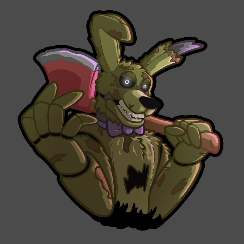 absurd_res animatronic anthro axe bow_tie bust_portrait cel_shading chest_fur clenched_teeth creepy_smile five_nights_at_freddy's five_nights_at_freddy's_3 fluffy fluffy_chest fur glowing glowing_eyes green_body green_fur grin hi_res holding_object humanoid joints lagomorph leporid long_ears looking_at_viewer luhrak machine male mammal portrait rabbit robot robot_humanoid robotic robotic_arm rust scar scared scottgames shaded smile solo springtrap_(fnaf) stains teeth threatening white_eyes