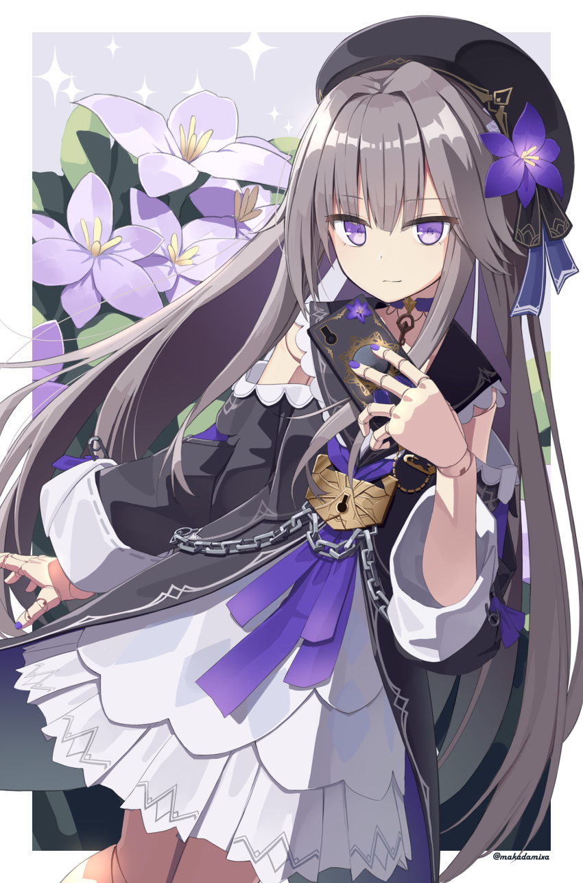 1girl beret black_dress black_headwear closed_mouth commentary_request doll_joints dress flower grey_background grey_hair hair_flower hair_ornament hand_up hat herta_(honkai:_star_rail) highres holding honkai:_star_rail honkai_(series) joints long_hair long_sleeves looking_at_viewer makadamixa purple_eyes purple_flower smile solo sparkle standing two-tone_background very_long_hair white_background white_dress