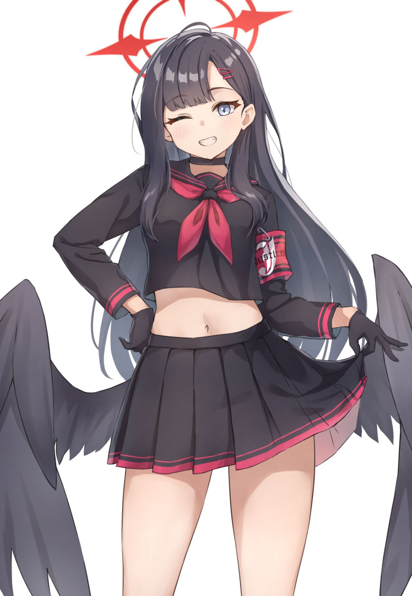 1girl armband black_choker black_gloves black_hair black_sailor_collar black_serafuku black_skirt black_wings blue_archive blush choker cowboy_shot feathered_wings gloves grey_eyes grin hair_ornament hairclip halo highres ichika_(blue_archive) long_hair low_wings matsu520 neckerchief one_eye_closed pleated_skirt red_armband red_halo red_neckerchief revision safety_pin sailor_collar school_uniform serafuku simple_background skirt smile solo white_background wings