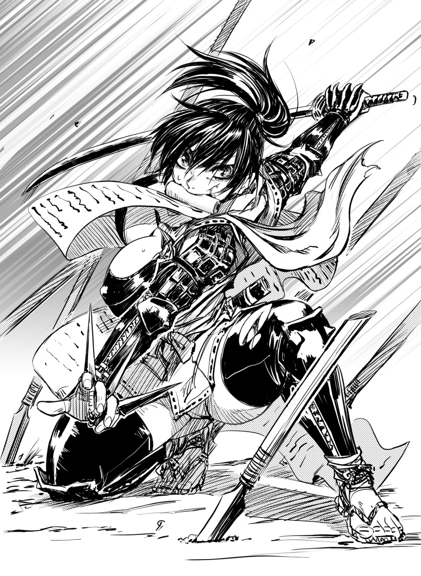 1girl armor black_leggings breasts cleavage feet fighting_stance highres holding holding_sword holding_weapon japanese_armor japanese_clothes katana konchiki kunai large_breasts leggings looking_at_viewer manyuu_chifusa manyuu_hikenchou monochrome panties polearm ponytail samurai sandals scarf scroll sketch solo spear sword thighs underwear weapon writing