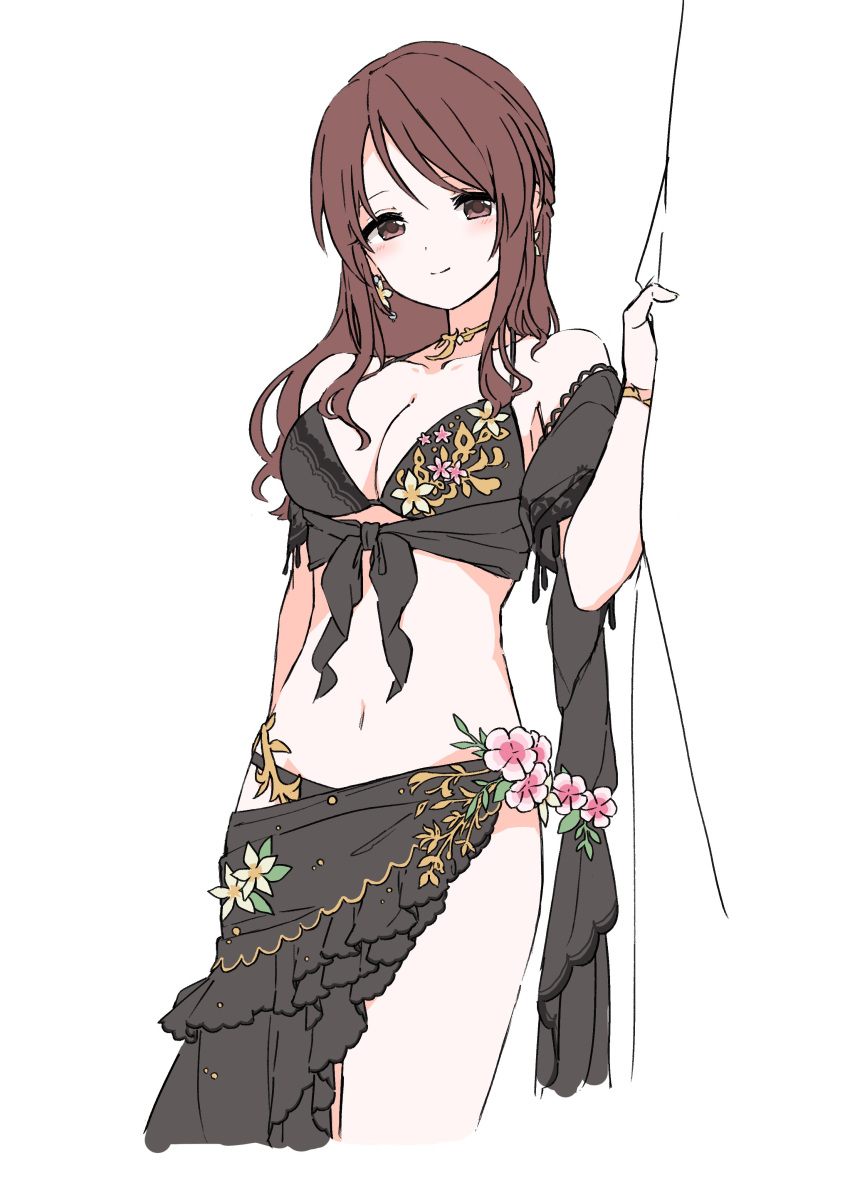 1girl absurdres bikini black_bikini black_sarong blush breasts brown_hair cleavage collarbone cropped_legs flower_ornament highres holding idolmaster idolmaster_cinderella_girls looking_at_viewer medium_breasts mifune_miyu navel pure_556 sarong simple_background smile solo stomach swimsuit white_background